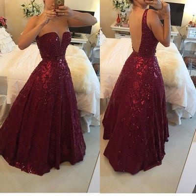 Sexy V-neck Burgundy Backless Floor-Length Lace Prom Dress with Beading