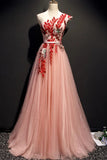A Line One Shoulder Tulle Red Applique Long Prom Dress PA91PY8Y