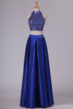 2024 Two Pieces Prom Dresses High Neck Satin With Rhinestones PRLAX9KE