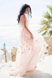 Boho Halter Backless Light Pink Chiffon Beach Wedding Dresses with Appliques Ruffles STK15082