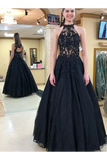 Halter Neckline Black Long Prom Dresses Formal Evening Dress Tulle STKPJHYQ138
