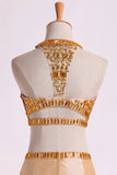 2024 Two Pieces High Neck Prom Dresses Beaded Bodice Trumpet PCCACXS8