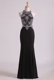 2024 Black Prom Dresses Scoop Beaded Bodice Floor Length Spandex PSHH66J8