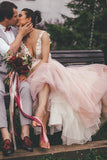 Sheer Round Neck Pink Wedding Dresses Backless Bridal Gown With Lace STK20469