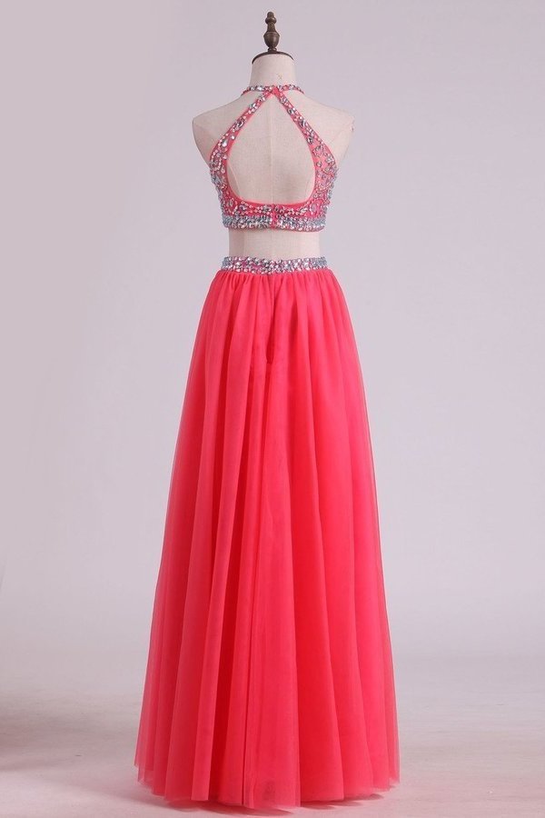 2024 Two Pieces Halter Prom Dresses A Line Tulle With Beading PPT7RL9Y