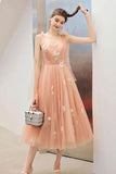 Cute Tea Length A Line Pink Short Prom Dress Sweet 16 Dresses with Hand Made Flower STK15138
