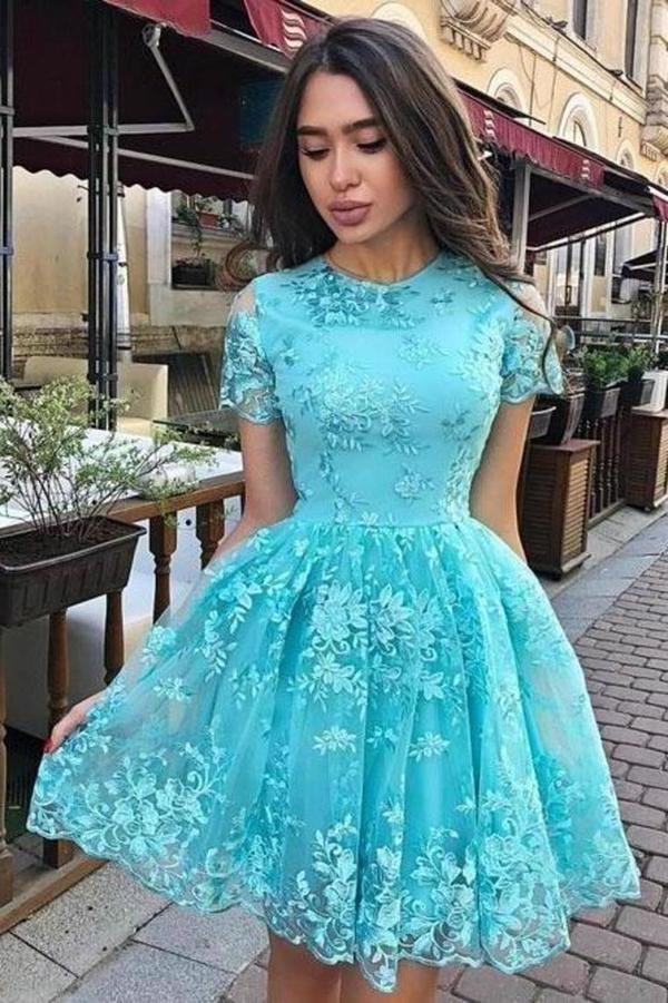 A-Line Short Sleeves Short Homecoming Dress With PZE12J32