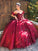 Burgundy Off Shoulder Tulle Lace Long Prom Dresses Sweet 16 Dresses