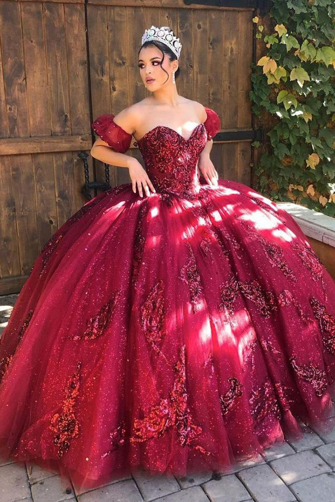 Burgundy Off Shoulder Tulle Lace Long Prom Dresses Sweet 16 Dresses