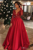 Elegant Long Sleeve Red Lace Beads Long Prom Dresses, A Line Satin Evening Dresses STK15174