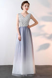 Simple A Line V Back Ombre With Sequins Prom Dresses