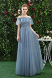 Simple Off the Shoulder Tulle Long Prom Dresses, Blue Bridesmaid Dresses STK15396