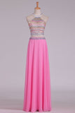 2024 A Line Halter Open Back Two Pieces Beaded Bodice Chiffon & Tulle Prom PXE2PBCD