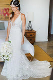Romantic Deep V Neck Sleeveless Lace Wedding Dress Mermaid Wedding Dresses With STKP2NSHCG1