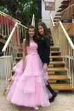 Unique Pink Tulle Long Prom Dresses, Strapless Belt Sweet 16 Dress STK15462