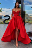 Elegant A Line Red Strapless High Low Prom Dresses with Pockets, Long Party Dresses STK15148
