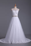 2024 A Line Scoop Tulle Wedding Dresses With Applique And PKFEKMPS