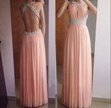 A-Line Backless Blush Pink Sleeveless Beads Halter Long Sexy Chiffon Prom Dresses