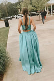 Simple A Line Two Pieces V Neck Satin Green Prom Dresses, Cheap Formal Dress STK15598