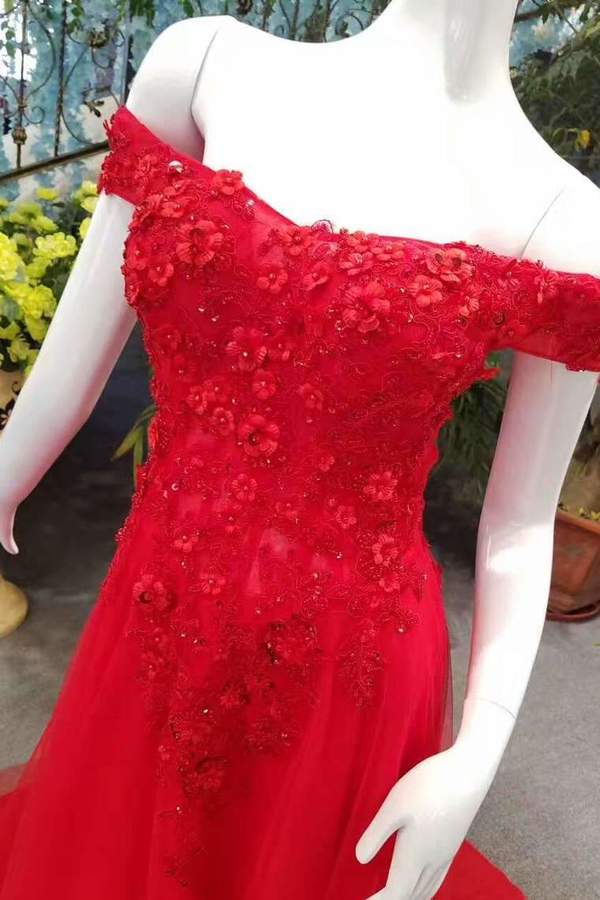 2022 Hot Selling Cheap Red Prom Dresses A-Line Zipper Up Off The Shoulder PFNNM563