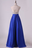 2024 Dark Royal Blue Halter Beaded Bodice Prom Dresses Satin Open PKX1BP5T