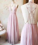Sexy Pink V-Neck Long Chiffon Tulle Backless Sleeveless Floor-Length Prom Dresses