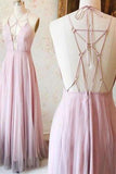 Sexy Pink V-Neck Long Chiffon Tulle Backless Sleeveless Floor-Length Prom Dresses