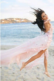 Boho Halter Backless Light Pink Chiffon Beach Wedding Dresses with Appliques Ruffles STK15082
