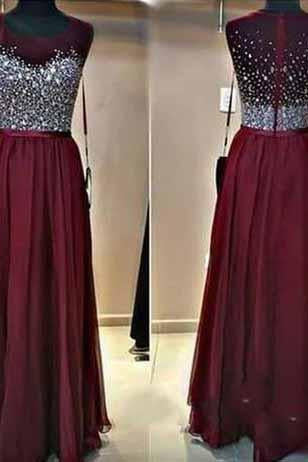Long Custom Burgundy Beaded Charming Sparkly Floor-Length Prom Dresses