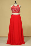 2024 Red Scoop Two Pieces A Line Prom Dresses Beaded Bodice Open Back Chiffon P3Y3MF3H