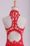 2024 Red High Neck Open Back Prom Dresses With Applique Sweep PA75B5ZT