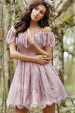 A-Line Cold Shoulder Purple Lace Homecoming Party Dress with Ruffles Prom Dresses STK14965