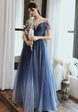 Charming A Line Blue Ombre Tulle Prom Dresses with Open Back, Evening STK20394