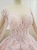 Elegant Ball Gown Pink Long Sleeves Appliques Prom Dresses, Quinceanera STK20481
