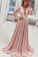 A-Line Deep V-Neck Long Pink Chiffon Prom Dress With Appliques Long Sleeves
