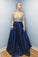 A-Line V Neck Backless Sweep Train Dark Blue Satin Prom Dress with Beads