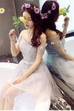 A Line Tulle Short Sleeves Off the Shoulder Gray Lace up Sweetheart Homecoming Dresses