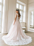 A Line Nude Tulle Pink Lace Appliqued Ball Gown Lace up Beach Wedding Dresses