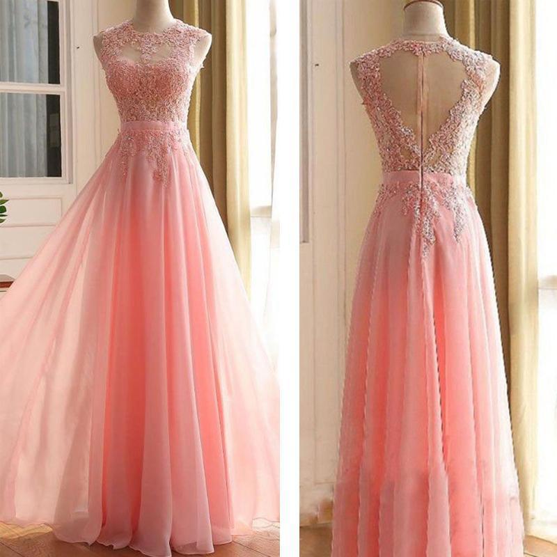 Charming Long Appliques Pink Sleeveless A-Line Scoop Elegant Prom Dresses