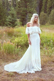 A Line Off the Shoulder Ivory Lace Beach Wedding Dresses Chiffon Bridal Dress