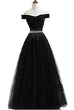 A Line Off the Shoulder Tulle Dark Blue Beads Prom Dresses Long Cheap Evening Dress