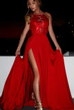 A Line Red Chiffon Halter High Slit Backless Lace Long Cheap Prom Dresses
