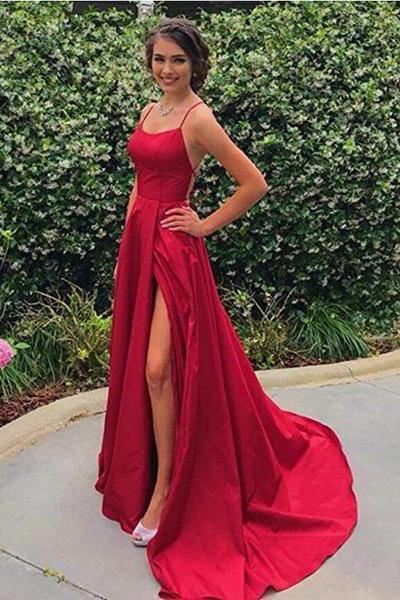 A Line Red Sexy Side Slit Spaghetti Straps Cheap Long Prom Dresses Evening Dresses