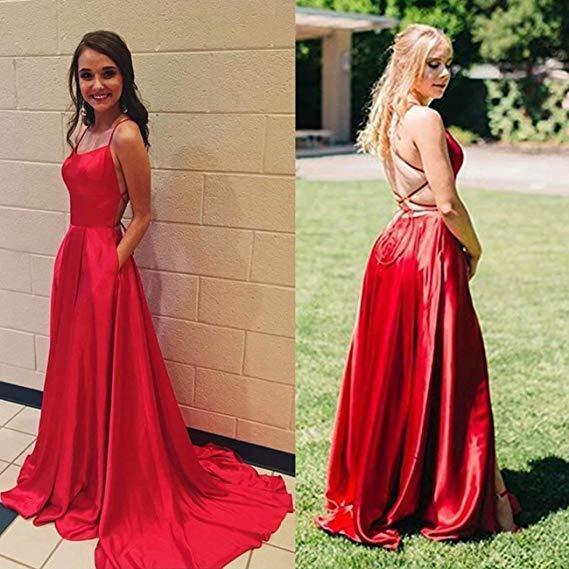 A Line Red Spaghetti Straps Open Back Prom Dresses with Slit Pockets
