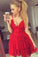 A Line Red V Neck Spaghetti Straps Homecoming Dresses with Lace Short Prom Dresses