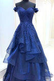 A Line Royal Blue Lace Appliques Sweetheart Beads Long Cheap Prom Dresses with Tulle