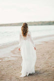 A Line See Through Long Sleeve Lace Appliqued Ivory Beach Wedding Dresses