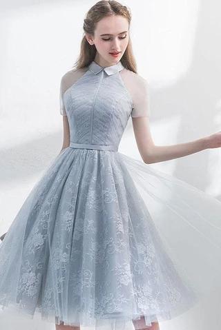 A Line Short Sleeves Tulle Halter Homecoming Dress with Lace Cute Short Prom Dress