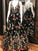 A Line Spaghetti Strap Black V Neck Prom Dresses Floral Print Formal Dresses