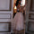 A Line Spaghetti Strap Tea Length Pearl Pink Tulle Prom Homecoming Dress With Beads